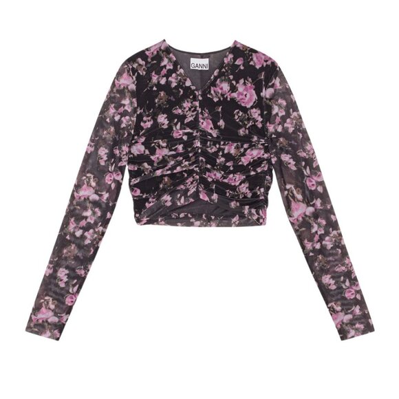 Ganni Black Floral Mesh Rushed Crop Blouse Sz 38 Medium - Picture 1 of 9
